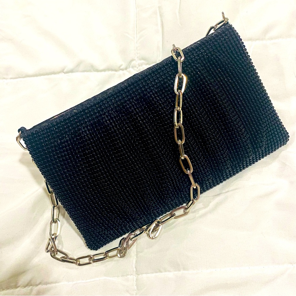 Vintage Black Beaded Evening Bag Silver Chain Zip Closure La Regale EUC